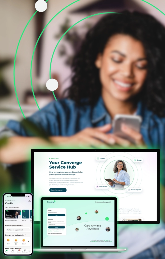 Female employee utilising the Converge digital wellbeing tools