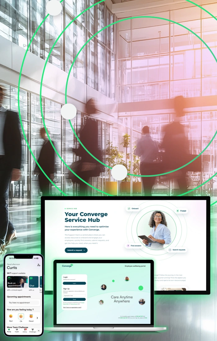 Busy commercial office showing Converge digital tools