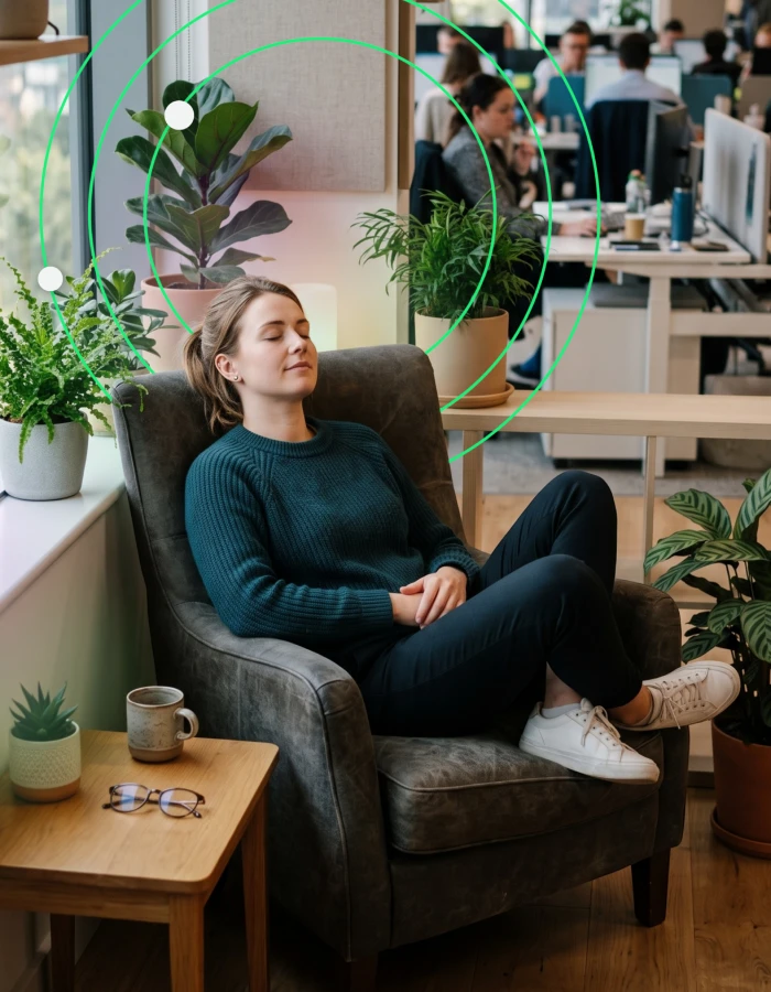 Employee relaxing after micro breaks were promoted through her workplace wellbeing strategy